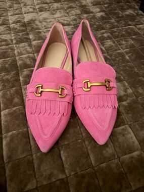 NWOT Boden Pink Suede Pointed-Toe Fringe Loafers with Gold Bit - Size 40